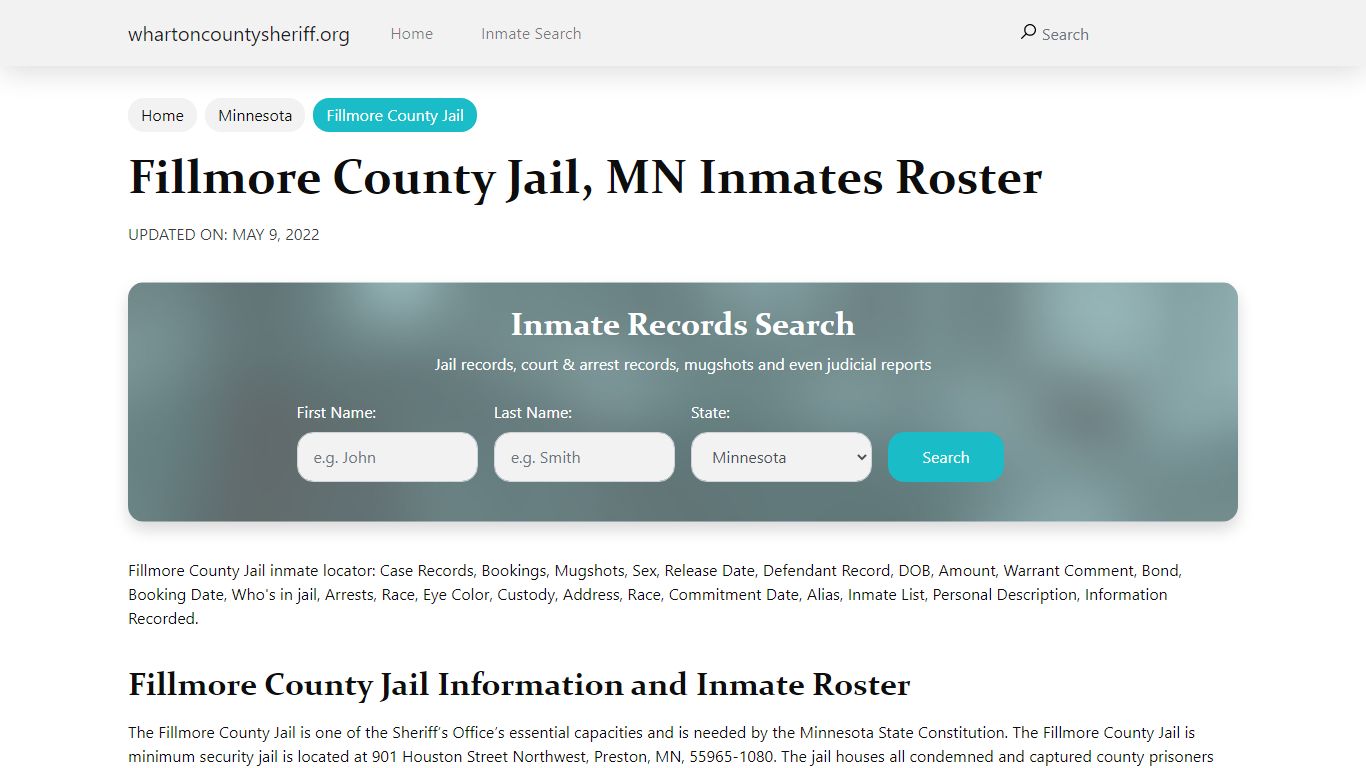 Fillmore County Jail, MN Jail Roster, Name Search